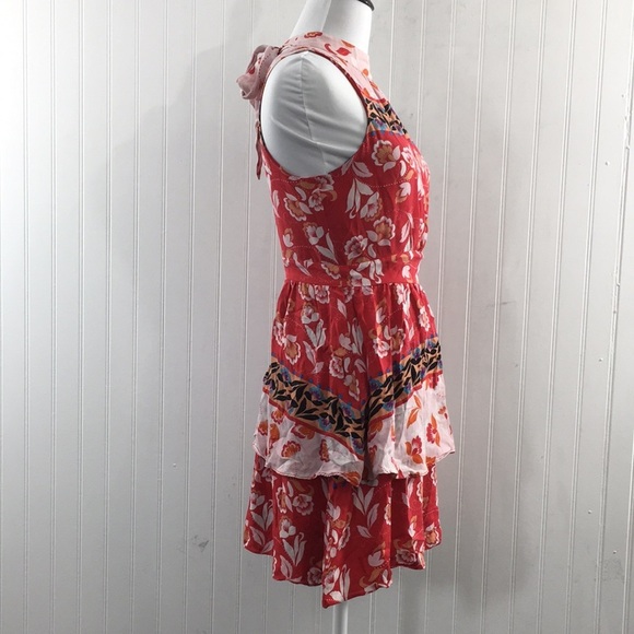 Parker Red Pink Floral Aurora Fit & Flare Silk Dress Womens 0 Boho Patchwork - Picture 3 of 11